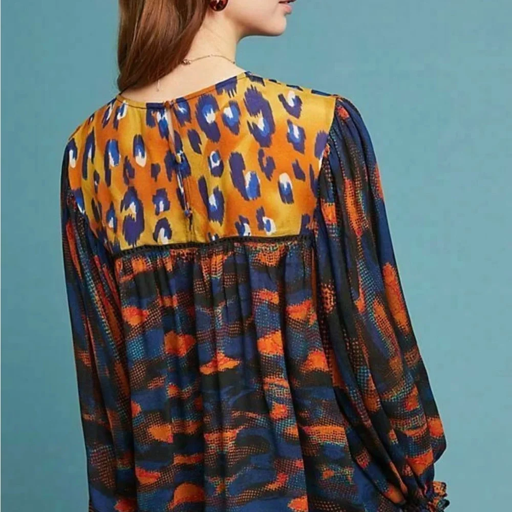 Anthropologie Blank London Eclectic Leopard Peasant Blouse Blue Orange Medium - Picture 3 of 12